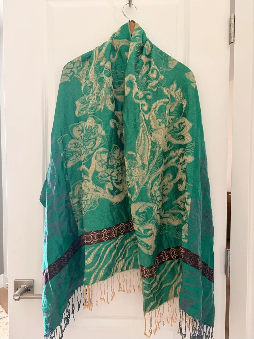 Green Patterned Cotton Scarf / shawl with Fringe